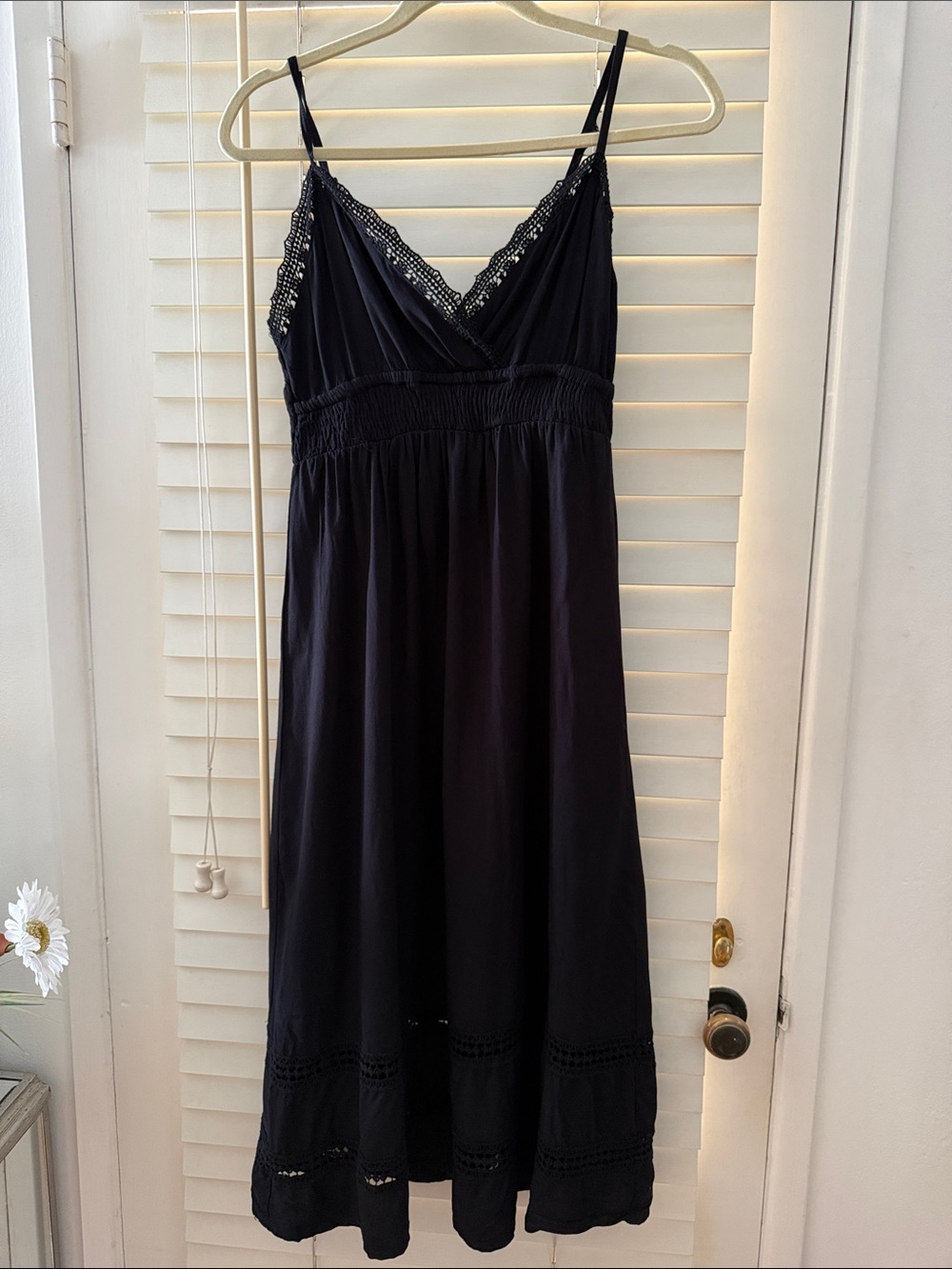 Women’s Black Lace-Trim Midi Dress with Adjustable Straps
